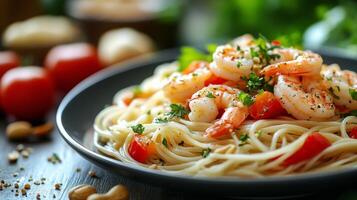 Mouthwatering shrimp pasta with fresh tomatoes and herbs served on a rustic wooden table photo