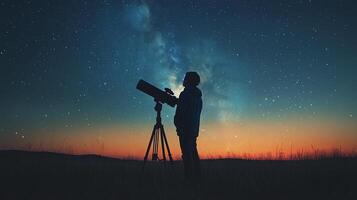 Stargazer observes the night sky with telescope in remote landscape under vibrant cosmic display photo