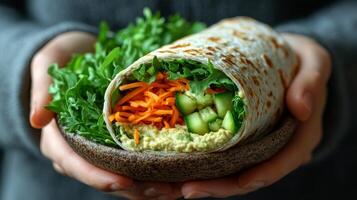 Delicious vegetable wrap filled with fresh ingredients and vibrant colors held by hands photo