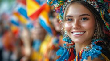 Celebratory participant smiles brightly while holding flags at cultural festival in sunny environment photo
