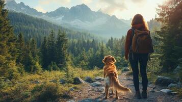 Person sits by a lake with a golden retriever during autumn foliage in a serene nature setting photo