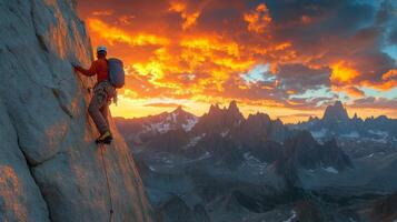 Climber scaling a rocky mountain wall in the Dolomites during a sunny day with clouds photo