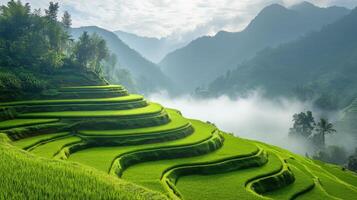 Stunning terraced rice paddies surrounded by misty mountains under a cloudy sky photo
