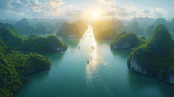 Breathtaking aerial view of lush green islands and tranquil waters in Ha Long Bay during daylight photo