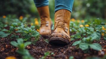 Gardener tending to young plants in fertile soil surrounded by lush greenery in sunny weather photo
