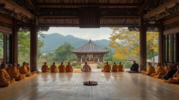 Meditation gathering of monks in serene temple overlooking mountains during autumn photo
