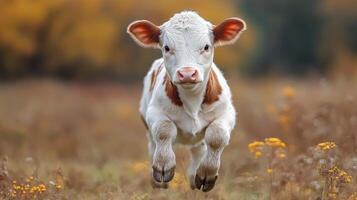 Playful calf running across an open field during daylight in a rural area photo