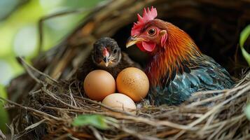 Two young birds sharing a cozy nest in a lush environment during the daytime photo