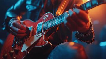Guitarist playing electric guitar in a recording studio during a music session photo