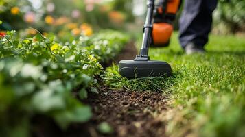 Gardener trims grass along a stone pathway in a vibrant garden during springtime photo