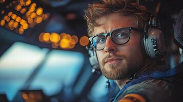 Focused astronaut in orange suit prepares for a space mission at dawn with cabin lights shining photo