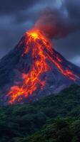 Volcano erupts at night illuminating the mountain landscape with vibrant lava flow reflecting in the water photo