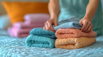 Neatly folding colorful towels on a bed with soft bedding in a cozy interior during daylight hours photo
