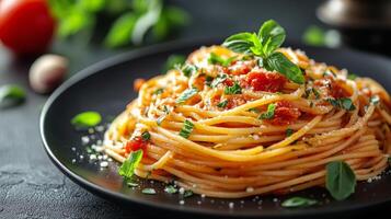 Classic spaghetti with fresh herbs and grated cheese on a dark plate photo