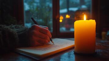Candlelit writing session with parchment paper and soft glow in a cozy setting photo