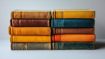 Stacked vintage books with various colors arranged neatly on a light surface photo