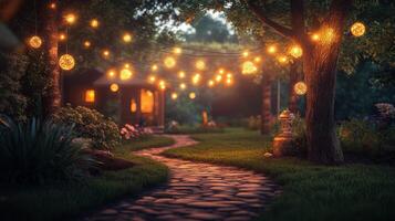 Charming outdoor space with string lights illuminating path and garden at twilight photo