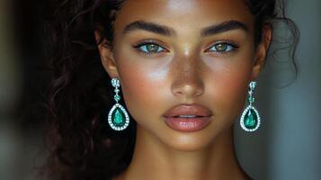 Stunning model showcases elegant emerald earrings in a close-up portrait photo