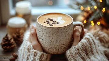 Woman enjoying a warm drink while gazing out at the snowy landscape on a chilly winter day photo