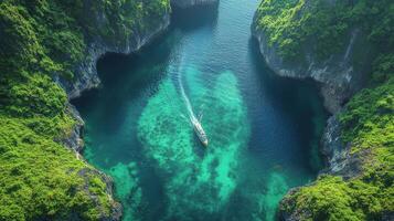Breathtaking aerial view of lush green islands and tranquil waters in Ha Long Bay during daylight photo