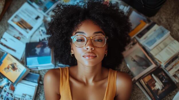 Exploring a cozy library with a person surrounded by books and sunlight photo