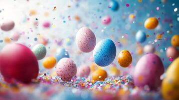 Colorful Easter eggs with confetti creating a festive atmosphere for spring celebrations photo