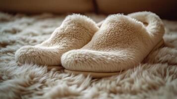Cozy blue slippers resting on a soft rug with a warm blanket in the background photo