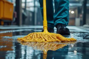 Cleaning worker mops floor in industrial space during daytime photo