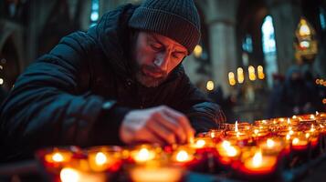 Young woman lights candles in a serene cathedral during a quiet evening session photo