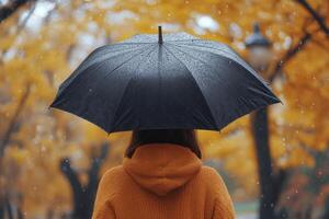 Woman enjoying autumn rain under a black umbrella in a park with vibrant yellow leaves photo