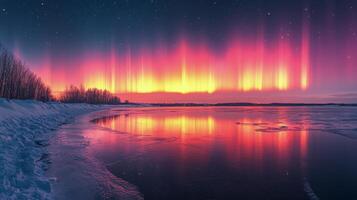 Breathtaking aurora borealis illuminates a tranquil northern lake at dusk in a remote wilderness area photo