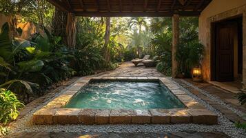 Relaxing garden retreat with a hot tub surrounded by lush greenery and natural light in the afternoon photo