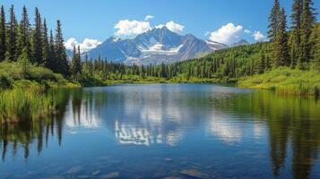 Majestic mountain landscape reflected in calm lake under a clear blue sky with fluffy clouds photo