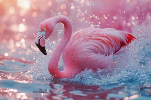 Flamingo splashing in water creating ripples under soft sunlight in a vibrant setting photo