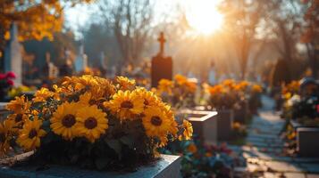 Bright yellow flowers bloom in a serene cemetery at sunset in autumn photo