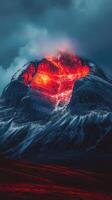 Volcano erupts at night illuminating the mountain landscape with vibrant lava flow reflecting in the water photo