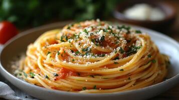 Classic spaghetti with fresh herbs and grated cheese on a dark plate photo