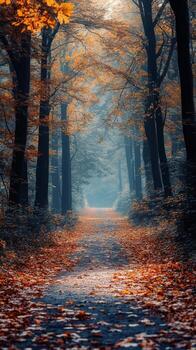 Serene walking path through dense forest with autumn leaves in North Australia photo
