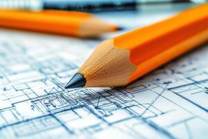 Close-up of orange pencil highlighting architectural blueprint in a creative workspace photo
