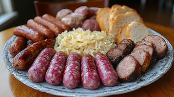 Grilled sausages served with bread and pickled onions on a dark plate photo