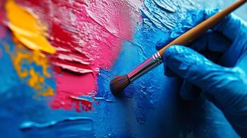 Artist applying bright colors with a brush on a vibrant canvas during a creative session photo