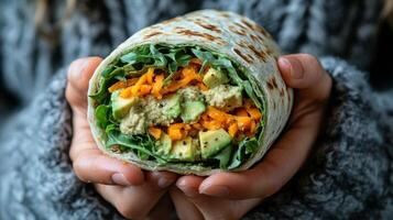 Delicious vegetable wrap filled with fresh ingredients and vibrant colors held by hands photo
