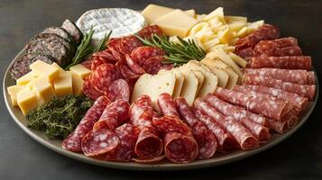 Charcuterie platter featuring various cheeses, meats, and herbs arranged on a rustic serving board photo