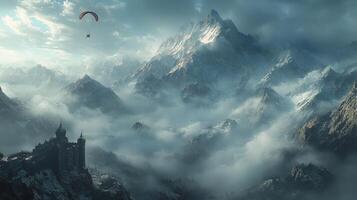 Majestic mountains with a paraglider soaring above a misty castle landscape at dawn photo