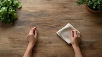 Hand cleaning wooden table with towel in a bright, green indoor space during afternoon photo