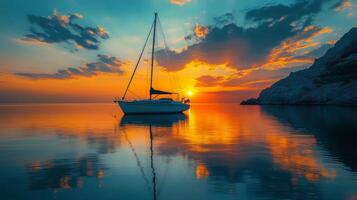 Sailboat anchored in calm waters during a vibrant sunset by rocky coastline photo