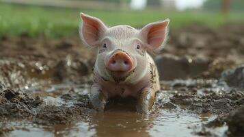 Adorable piglet playing in muddy puddle at farm on sunny day photo