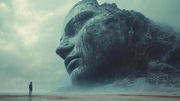 Towering stone face looms over a lone figure at the edge of a misty beach landscape photo