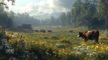 Cows grazing in a lush meadow surrounded by trees and wildflowers during a sunny afternoon photo