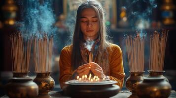 Young person meditating in a temple surrounded by incense and candles during a spiritual ritual photo